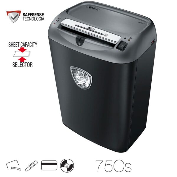 Fragmentadora em Partículas Fellowes 75CS 12 Folhas/vez Lixeira de 27L